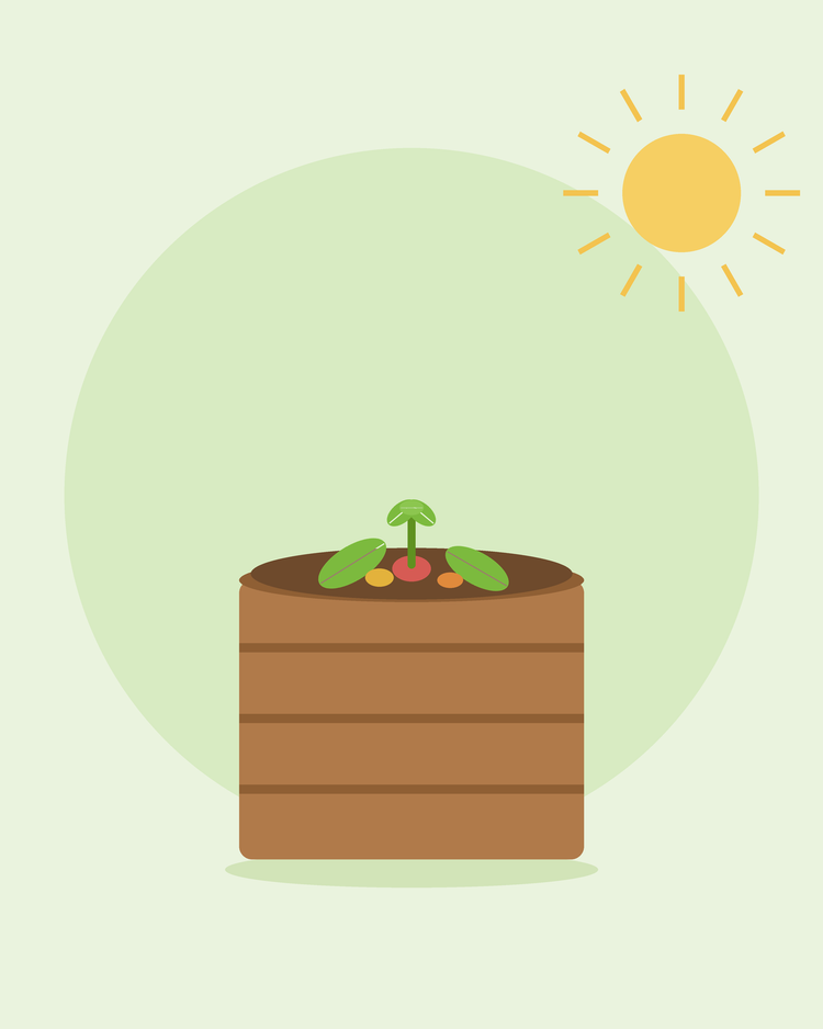 Illustration stylisée d'un bac à compost en bois avec des déchets de cuisine et de jardin — le compostage pour débutants, par SeedsChoice
