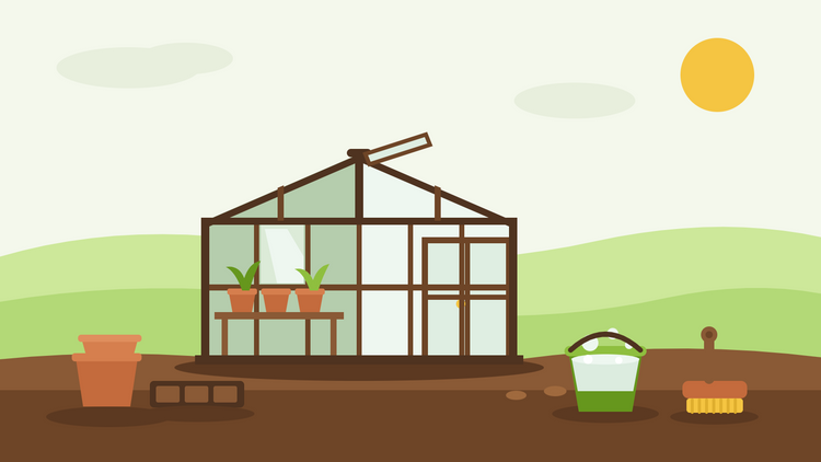 Een kas schoonmaken in de herfst — platte illustratie van een kas met half schoongemaakte beglazing, een emmer sop en een schuurspons