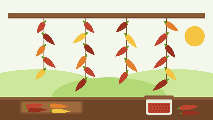 Pepers drogen — platte illustratie van rode, oranje en gele pepers die aan touwtjes hangen aan een houten balk, met een drooglade en een pot pepervlokken op het werkblad eronder