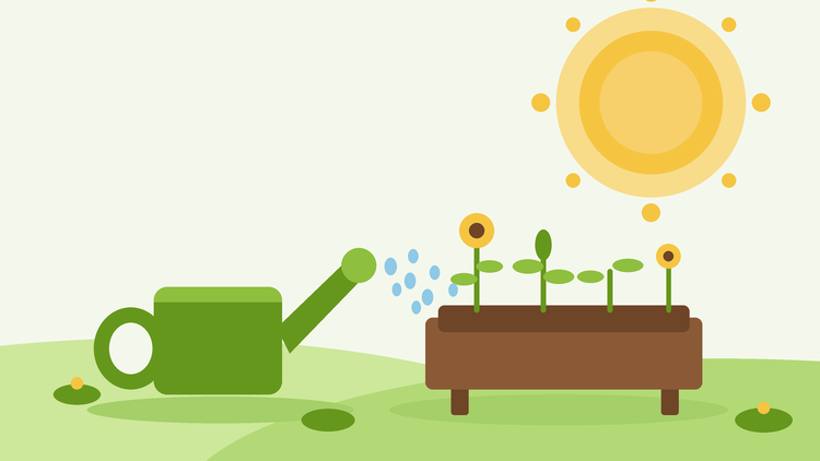 Arroser en période de canicule — illustration vectorielle plate d'un arrosoir déversant de l'eau sur un carré de jardin surélevé sous un soleil estival éclatant, par SeedsChoice