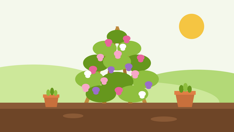 Hoe kwek je lathyrus uit zaad — platte illustratie van een rieten wigwam bedekt met roze, paarse en witte lathyrusbloemen, met potten zaailingen ernaast