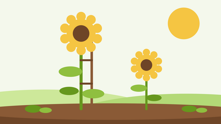 Zonnebloem verzorging — platte illustratie van een grote zonnebloem vastgebonden aan een houten paal naast een kleinere zonnebloem in een zonnige tuin