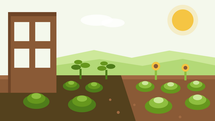Wat telen in de schaduw — platte illustratie van een tuinbed dat half in de schaduw van een muur ligt, met bladgroenten in de schaduw en zonnebloemen in de zon