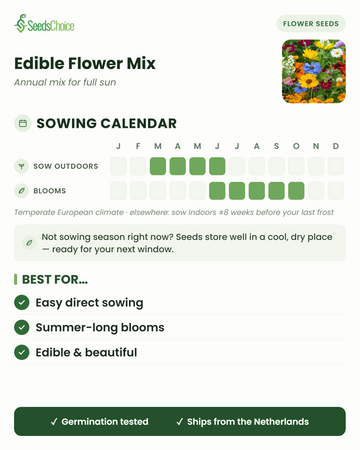 Calendrier de semis pour le Edible Flower Mix dans un climat européen tempéré : semis direct de mars à juin, floraison de juin à octobre ; les graines se conservent bien jusqu'à la prochaine saison de semis